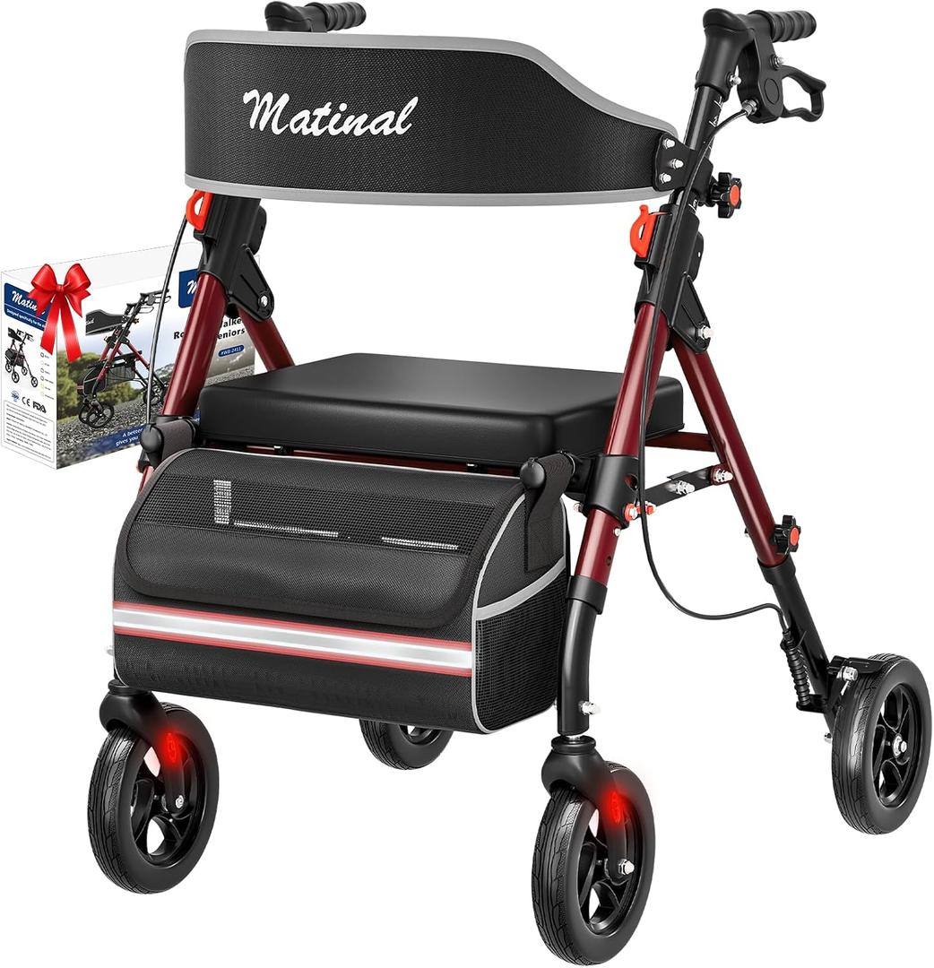 Walkers for Seniors, Rollator Walker with Seat, Walkers for Seniors with seat, 350 lb Capacity, with 8'' Big Wheels, Rolling Walker (Burgundy)