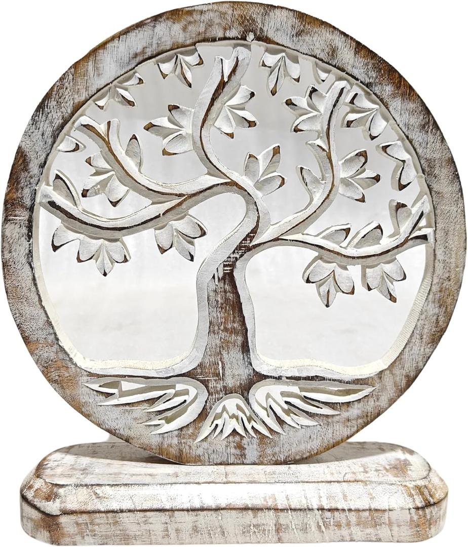 VANIYA CRAFTS Wooden Carved Handmade Engraved Table Decor Tree of Life Table Sculpture Home Decor Statue for Living Room, Bedroom, Office Desktop, Cabinets