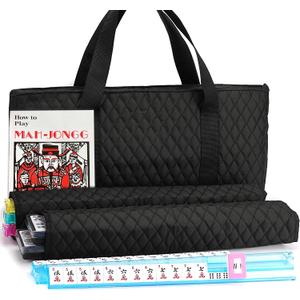 American Mahjong Game Set - Black Quilted Soft Bag 166 Premium Tiles with 4 All-in-One Rack/Pushers,100 Chips, Wind Indicator, English Manual. Easy Carry Complete Classic Mah-Jongg Set