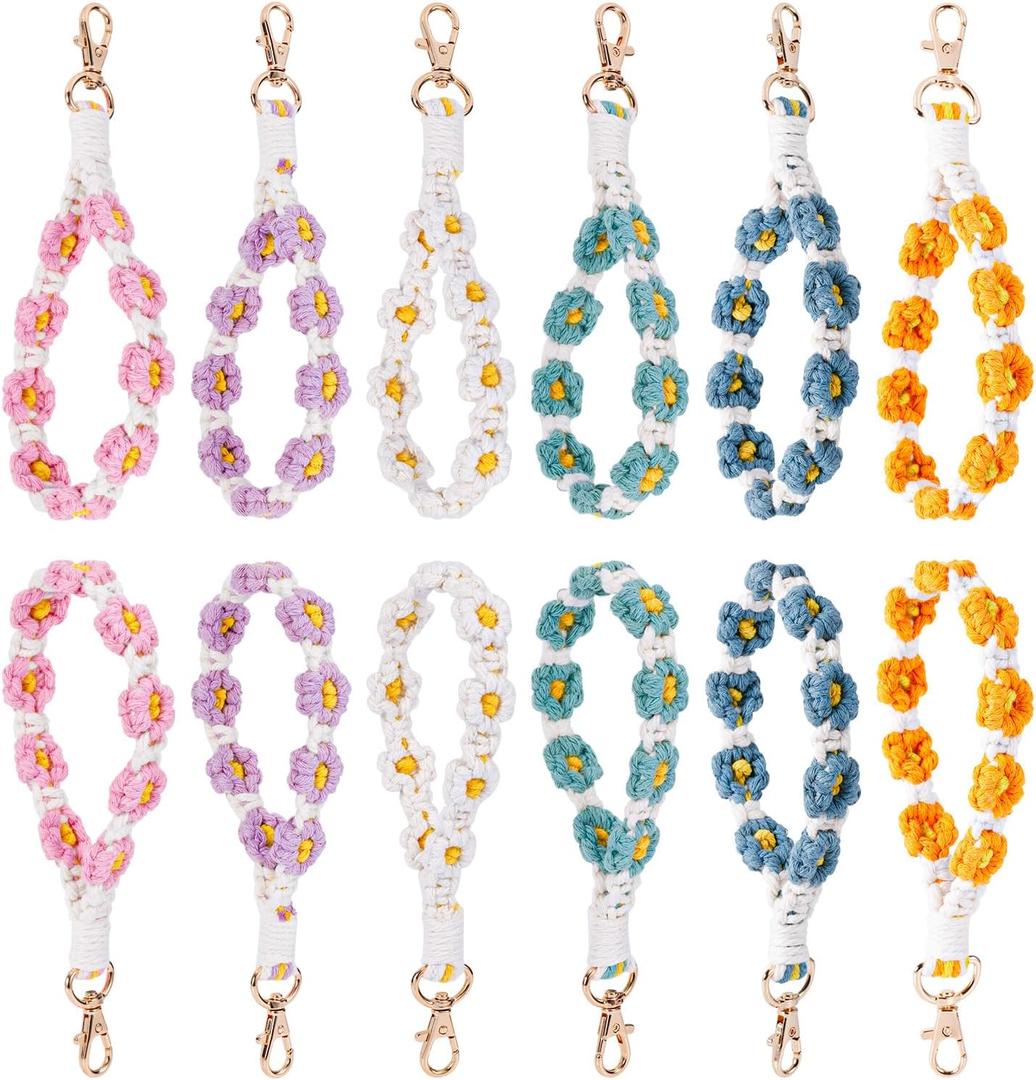 Mikovivi 12pcs Handmade Wristlet Keychains, Boho Macrame Keychain Woven Bracelet Wrist Lanyard Car Key Chain Wristbands Cute Daisy Flower Keyring for Women