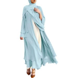 Women Muslim Cardigan Dress Chiffon Dubai Turkey Kaftan Open Front Kimono Abaya Robe Middle East Arabian Robe Caftan Islamic Dress One Piece Loose Full Cover Ruffle Sleeve Robe Belted Light Blue XL