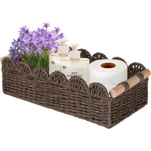 Toilet Paper Storage Basket, Small Wicker Baskets for Storage, Scalloped Narrow Rattan Storage Basket for Shelves, Toilet Tank Top Organizer for Bathroom, Bedroom, Nursery Room Decor, Coffee