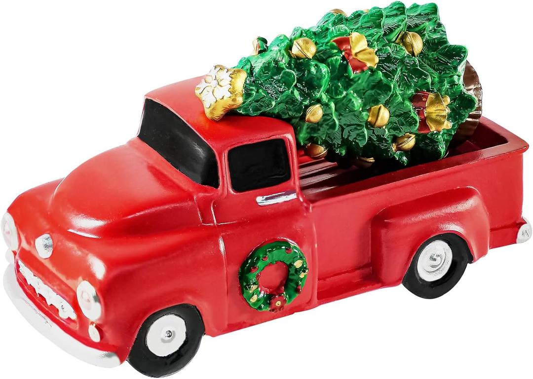 Rileryan Christmas Village Vintage Red Truck Decor Figurines for Mini Christmas Village Town Accessories Pieces Cars Vehicles Sets Decorations Home Indoor Decor Gift