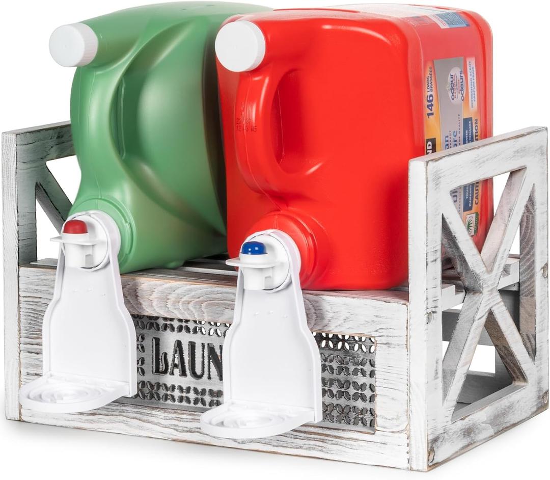 Laundry Detergent Holder with Drip Tray Catcher - Wooden Farmhouse Laundry Room Decor - Rustic Detergent Holder Accessories for New Home Storage, Space-Saving Organizers Decor Must Haves