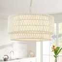 18 Rattan Chandelier Light Fixtures, 3-Light Dining Room 2-Tier Bohemian Coastal Woven Modern Hanging Drum Lighting with Fabric Shade for Living Room Kitchen Island Entryway Hallway (White)