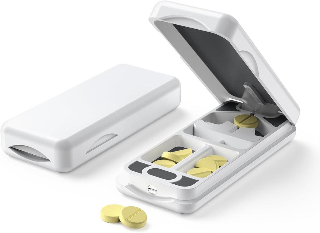 Pill Cutter with Auto Centering Device, Aluminum Pill Splitter with 316L Stainless Blade, Genuine Leather Case, Professional Pill Splitter for Cutting Small Pills or Large Pills(Plastic,White) (Bpa-free,white)