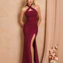 Women Bodycon Maxi Dress High Slit Halter Tie Ruched Long Formal Cocktail Wedding Guest Dresses (Red, M)