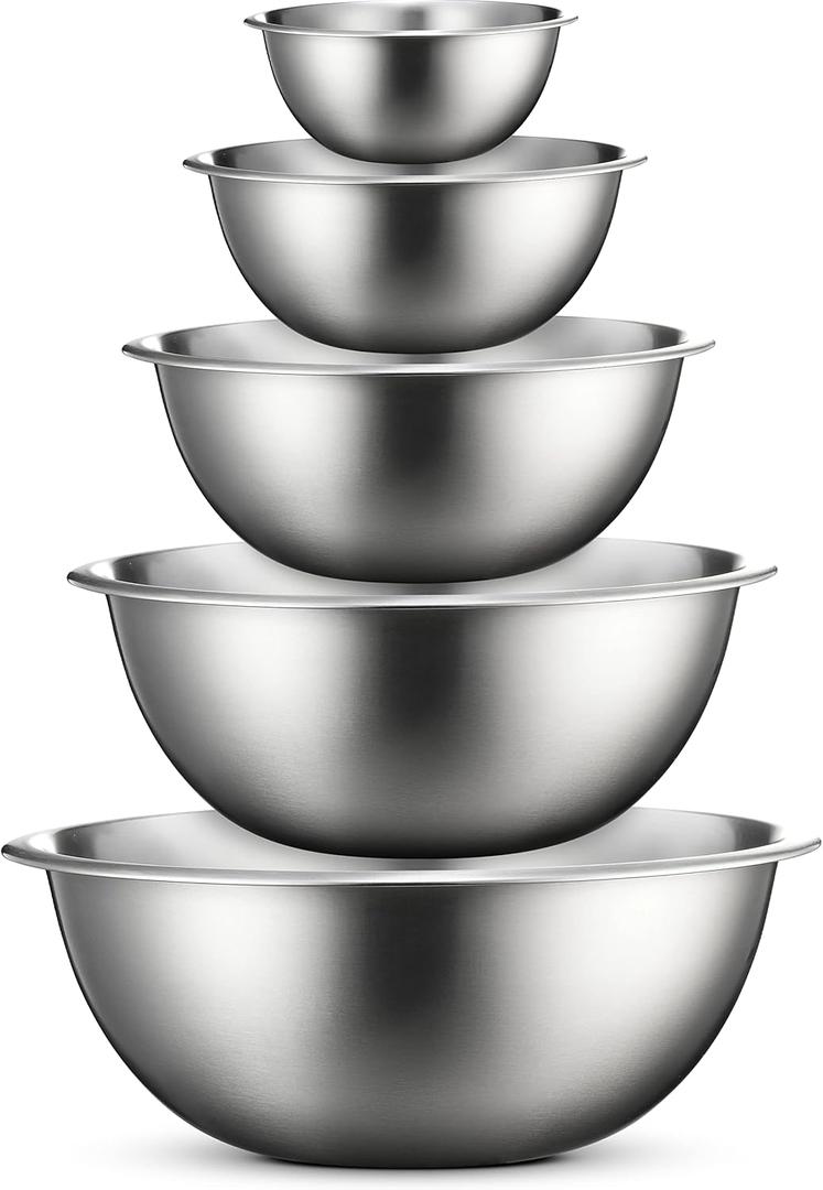 FineDine Stainless Steel Mixing Bowls (Set of 5) Stainless Steel Mixing Bowl Set - Easy To Clean, Nesting Bowls for Space Saving Storage, Great for Cooking, Baking, Prepping (5 Pack, Stainless Steel)