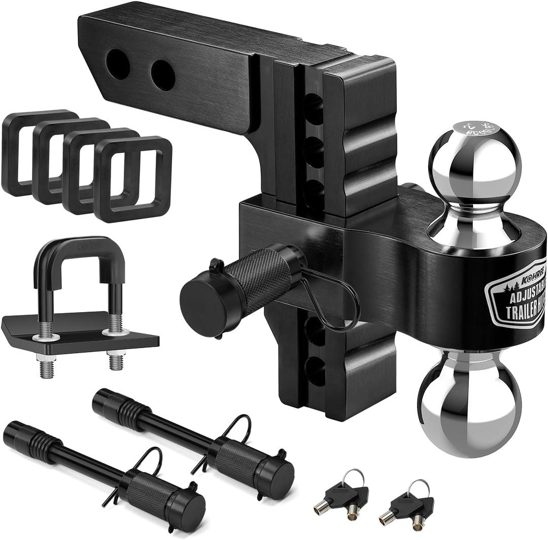 Kohree 6" Adjustable Trailer Hitch Fit 2 Inch Receiver, Dual Solid Ball 2" and 2-5/16"(12,500 LBS GTW), Drop & Rise Heavy Duty Aluminum Tow Hitch with 4 Silencer Pads & 2 Locking Hitch Pin, Black