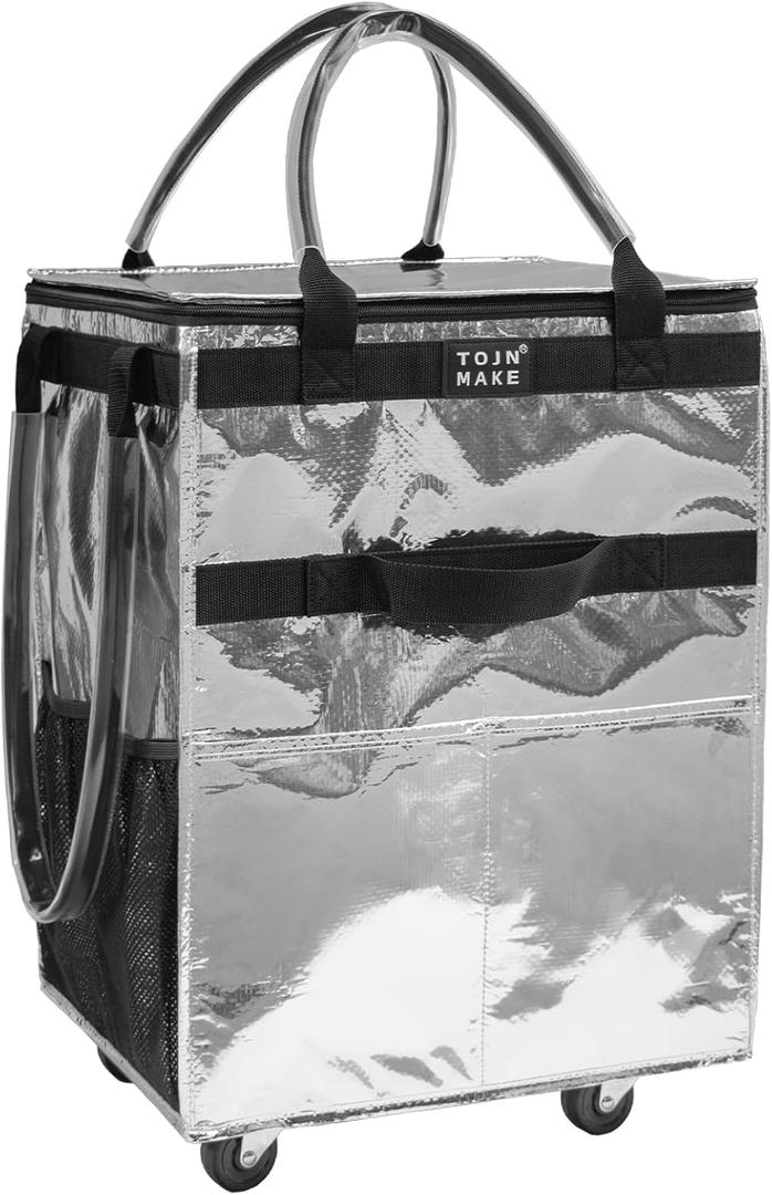 Reusable Grocery Bag On Wheels, Shopping Cart, Rolling Tote with 8 Pockets and Zipper Cover, Foldable, Heavy Duty Handles, Carries Up to 46 LBS (Medium, Silver)