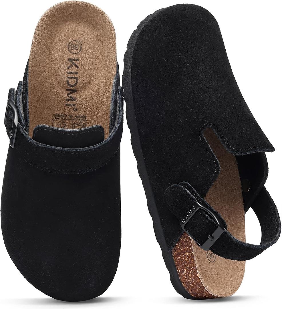 KIDMI Women's Suede Clogs with Back Strap Men's Leather Mules Cork Footbed Slip on Potato Shoes (14 Women/12.5 Men, Black)