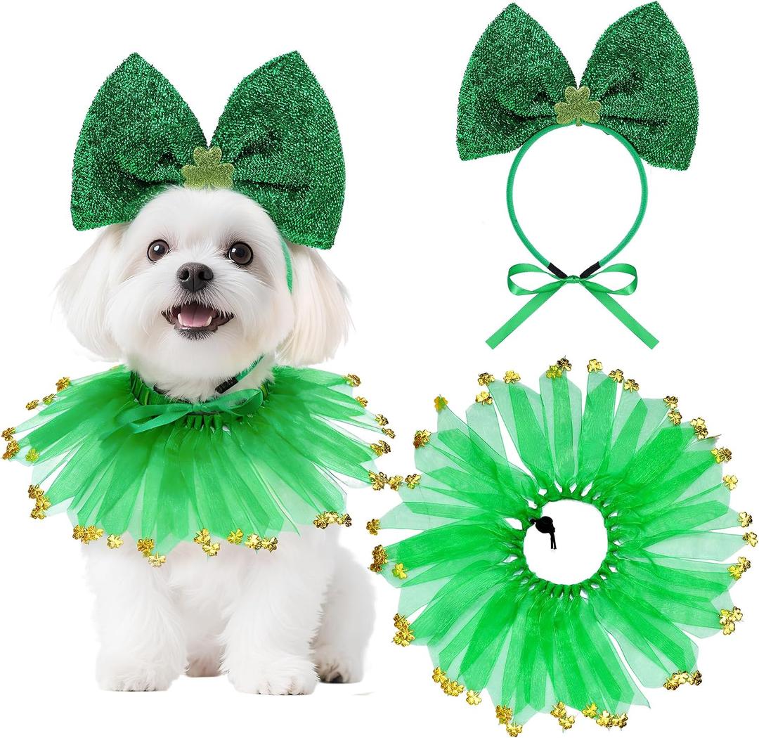 Dog St. Patrick's Day Outfit Bow Headband and Dog Collar for Small Medium Dog Cat St. Patrick's Day Birthday Party Accessories (Green)