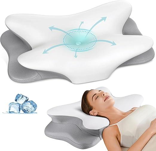 Cervical Neck Pillow, Memory Foam Pillows for Neck and Shoulder Pain Relief, 2 Heights Ergonomic Pillow with Breathable Ice Silk Cover, Neck Support Pillow for Side Back Stomach Sleepers, Odorless