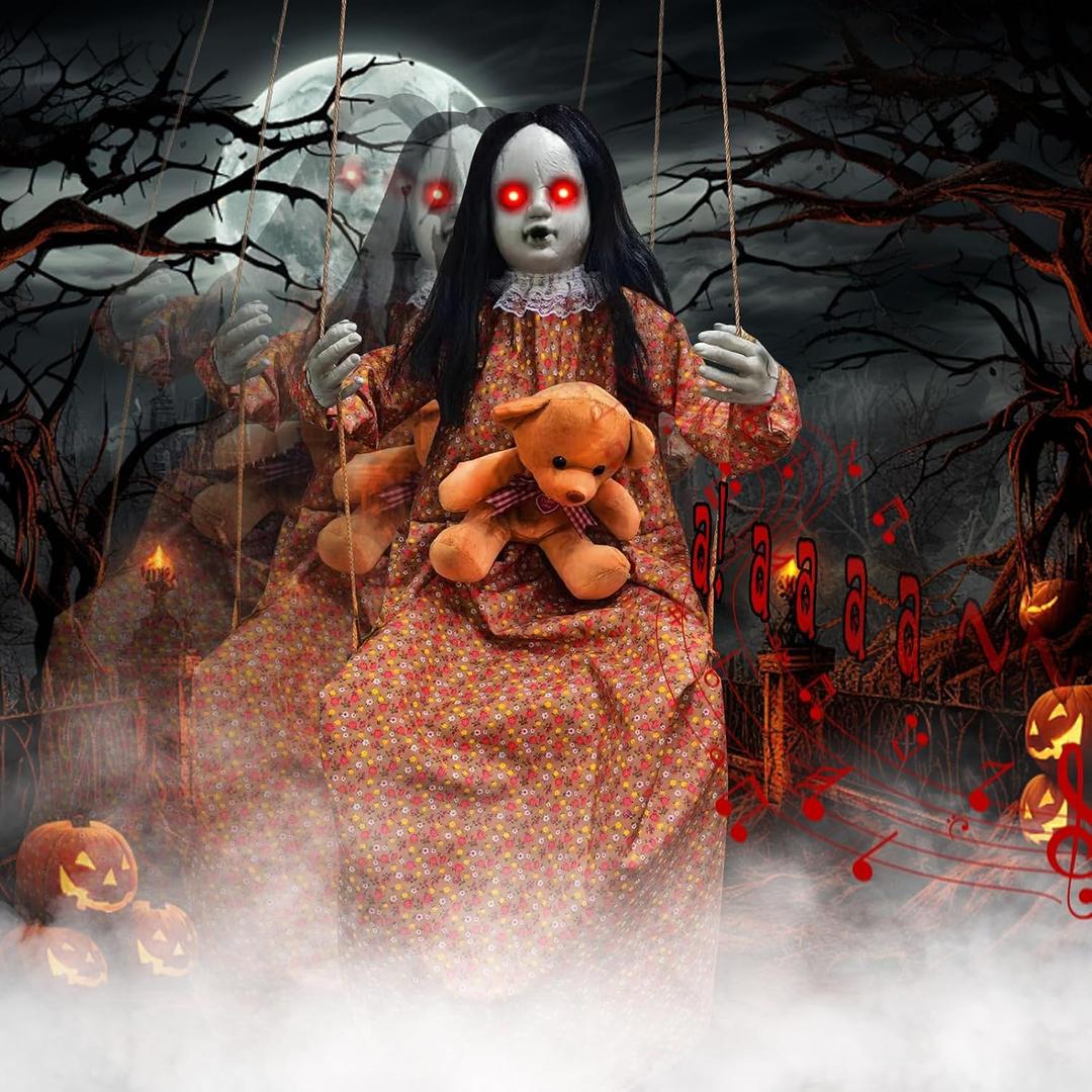 Scary Halloween Decorations Outdoor Hanging Swinging Doll Girl with Sound & Slap Activated, Light Up Eyes Creepy Sound Expressions, Large Scary Halloween Decor Props for Indoor Outside