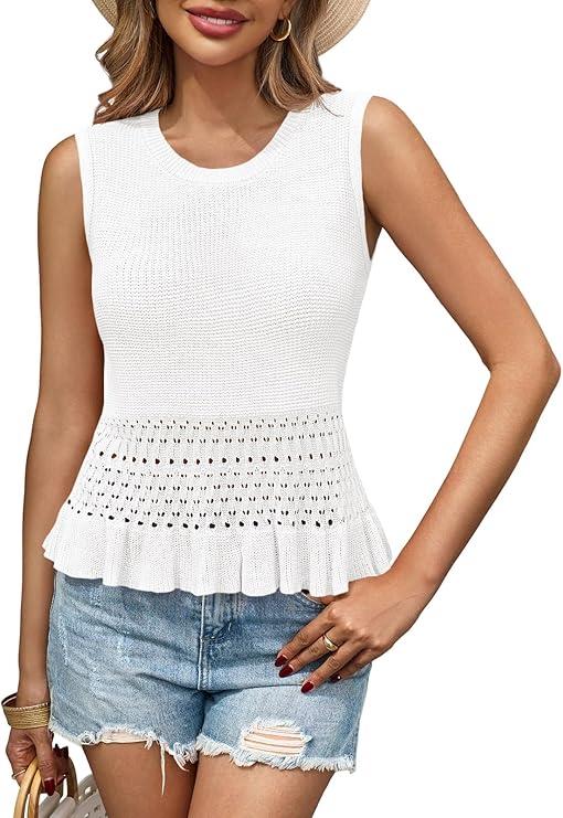 Saodimallsu Womens Crochet Crop Tank Tops Sleeveless Crew Neck Ruffle Summer Boho Knit Sweater Vest Small