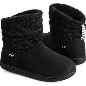 Longbay Women's Warm Chenille Knit Bootie Slippers Memory Foam Comfy Suede Fluffy Faux Fur Memory Foam Boots House Shoes (X-Large / 12-13, Black)