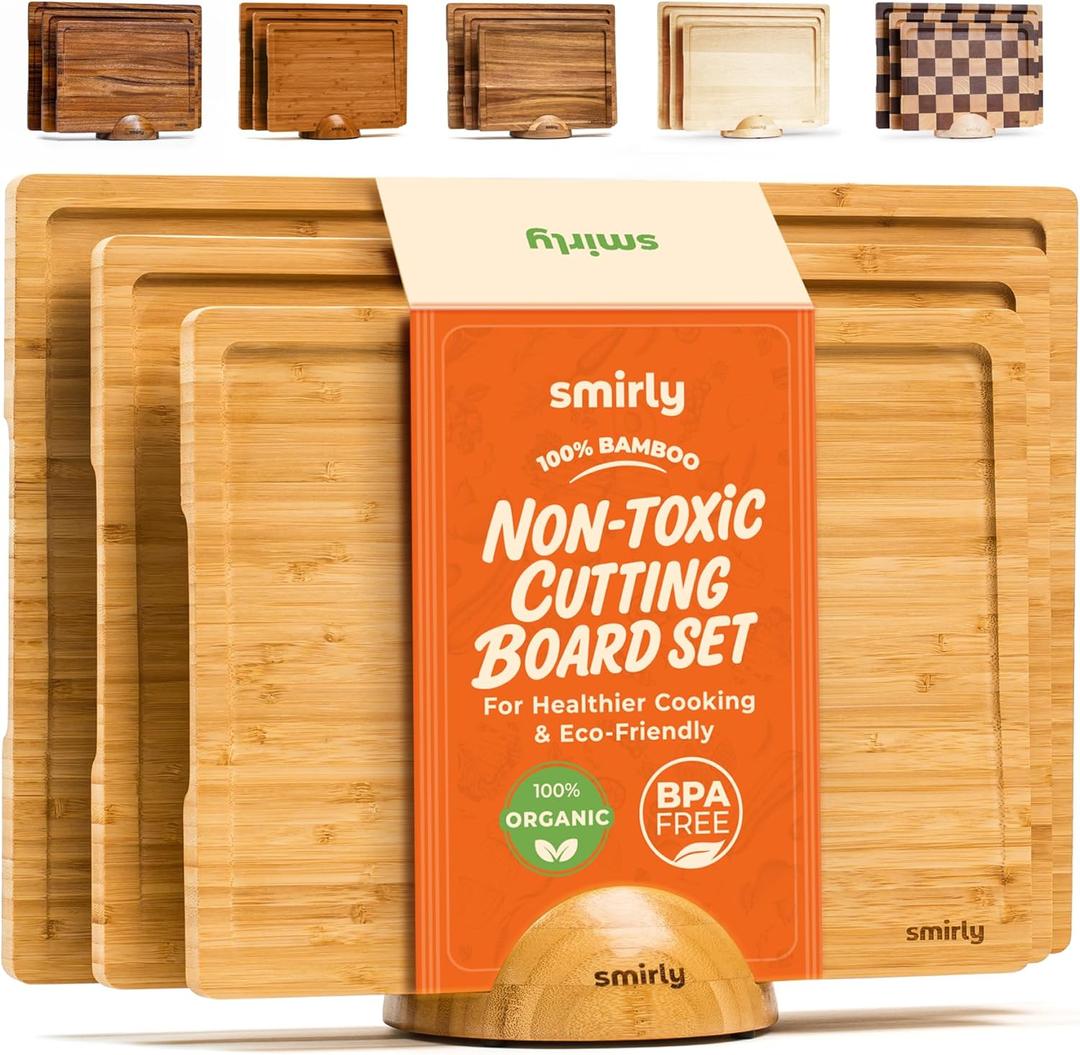 SMIRLY Bamboo Cutting Boards for Kitchen - Wood Cutting Board for Meal Prep, Serving, Charcuterie - Kitchen Gadgets, House Warming Gifts - Wooden Chopping Board Set of 3 with Holder - Natural Bamboo