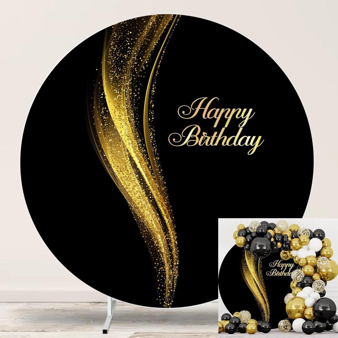 Black and Gold Happy Birthday Round Backdrop Cover 6.5ft Black Background for Photography Shining Gold Sequins Black Arch Backdrop Cover for Women Man Birthday Party Adult Kids Photo Props