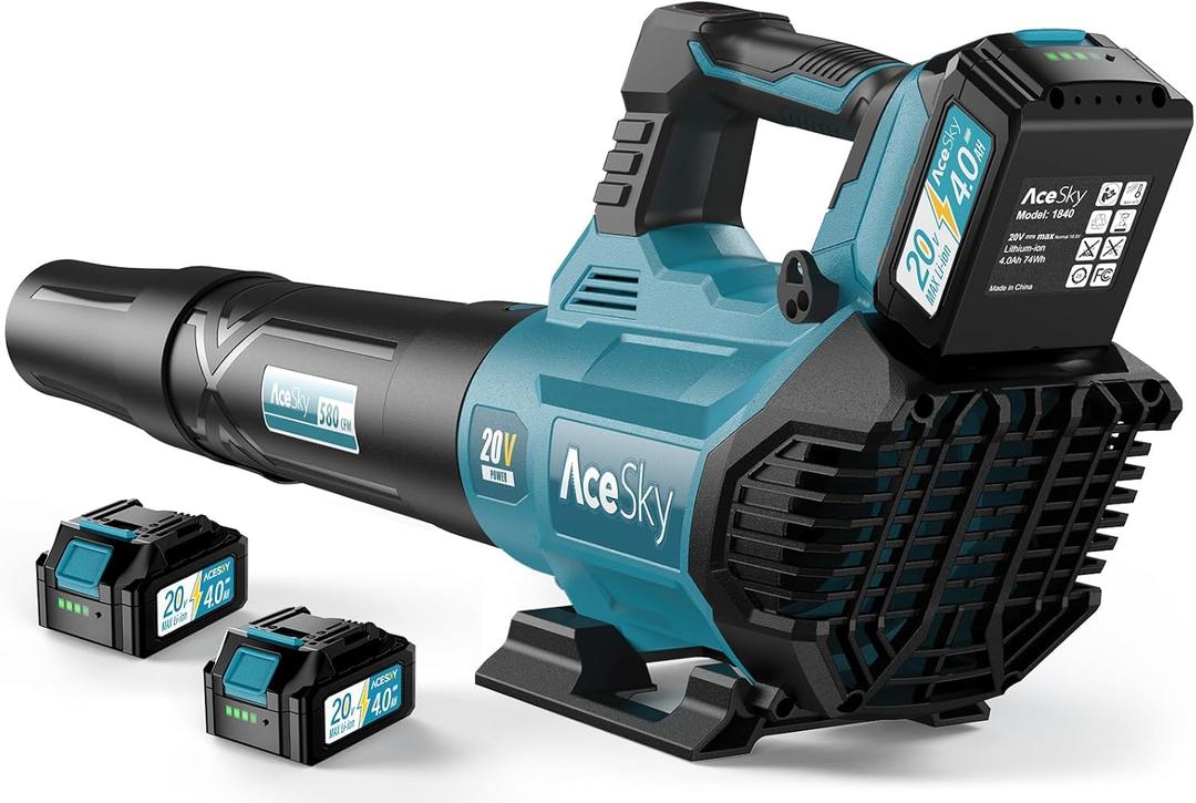 Leaf Blower Cordless - 580CFM/160MPH & 3 Speed Levels Electric Leaf Blower with 2 x 4.0Ah Battery and Charger, Extension Tube Blower for Lawn Care, Yard, Garage, Blowing Leaves, Dust or Snow, Blue