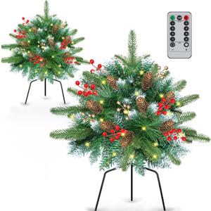 Set of 2 24Inch Lighted Christmas Tree Urn Filler, Artificial Holiday Planters, Flocked Xmas Trees with Cones Berries, Outdoor Christmas Decorations for Planter, Porch, Yard (Green)