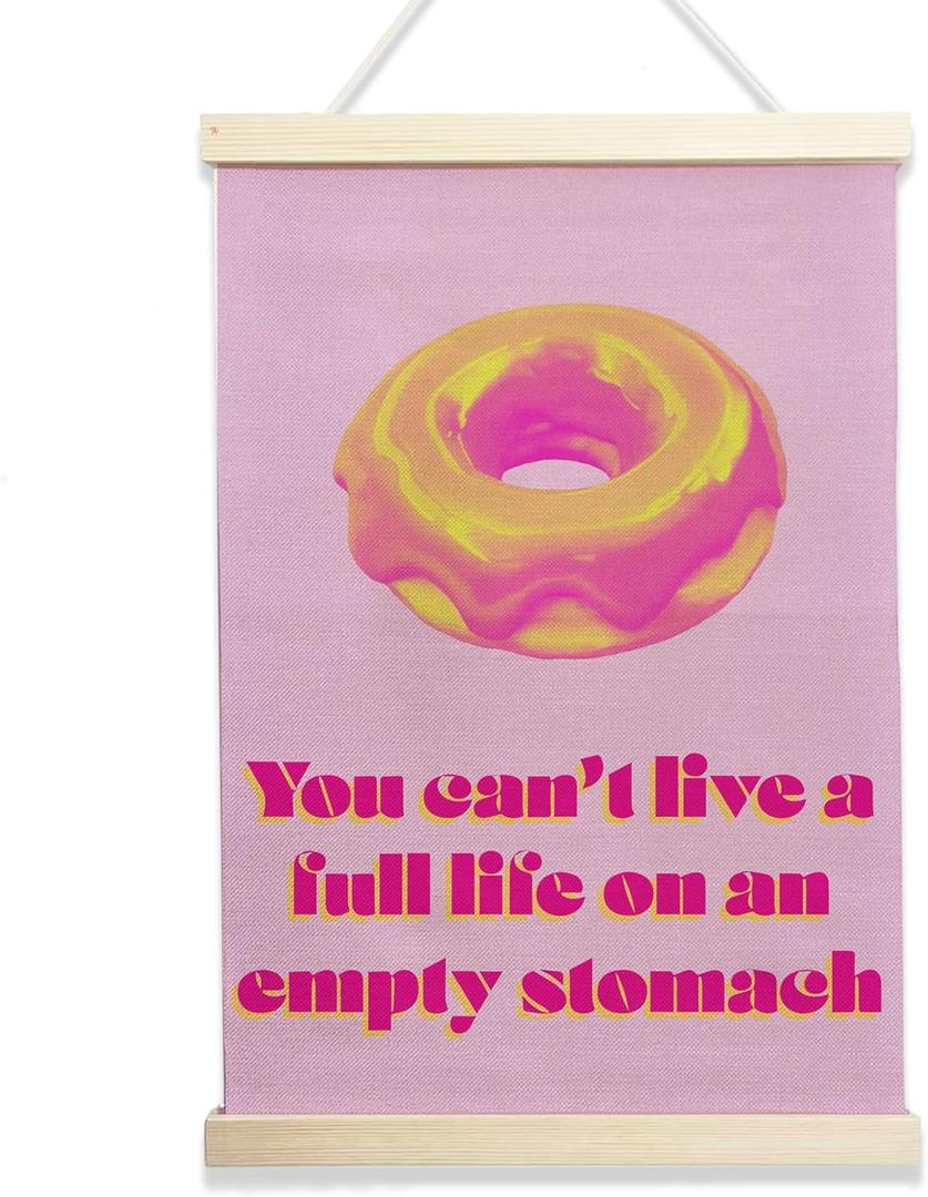 NQDWX You Can't Live a Full Life on an Empty Stomach Donut Hanging Flag - Funny Motivational Wall Decor for Kitchen Cafe or Dining Room, 12x17 Inches Canvas Banner with Wood Frame. (068)