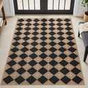 Checkered Easy Jute 3x5 Outdoor Patio Rug, Washable Non Slip Rugs for Entryway,Textured Diamond Indoor Outdoor Living Room Carpet, Farmhouse Neutral Black Door Rug for Backyard Bedroom