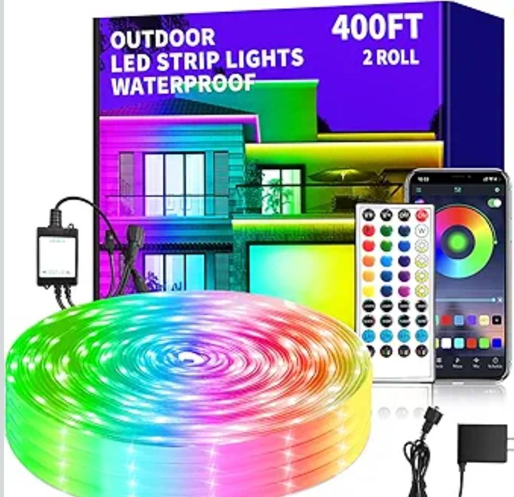Talkhigh 400ft Outdoor LED Strip Lights Waterproof, IP68 Outside Led Light Strips Waterproof with App and Remote,Music Sync RGB Exterior Led Rope Lights with Self Adhesive Back for Roof, Deck
