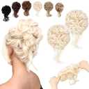 2PCS Messy Bun Hair Piece Tousled Updo with Tendrils Wavy Curly Hair Bun Scrunchies Ponytail Extension Elastic Band Hairpieces For Women (Bleach Blonde)