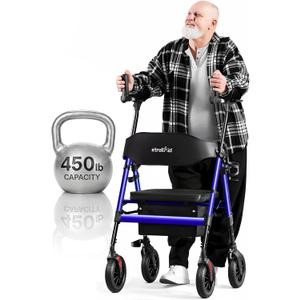 Upright Walkers for Seniors, 450 lb Heavy Duty Stand Up Rollator Walker with Adjustable Soft Sponge Armsupport & Seat, Tall Standing Folding Rolling Walker with 8'' Wheel, Blue