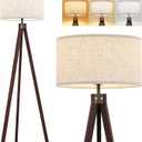 ELYONA Wood Tripod Floor Lamp with 3 Color Temperatures Bulb, Mid Century Modern Reading Standing Light, Farmhouse Floor Light Linen Shade for Living Room Bedroom Office, Walnut, 9W LED Bulb Include