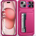 for iPhone 15 Plus & iPhone 14 Plus Wallet Case with Card Holder(4-5 Cards), Slide Camera Lens Cover, Military Drop & RFID Protection, Heavy Duty Phone Cases for iPhone 15 Plus/14 Plus, Hot Pink