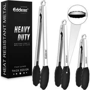 Kitchen Tongs with Silicone Tips, Heat Resistant 600 Degrees All Metal handle Locking Tongs For Cooking with Rubber Tips, Heavy Duty Stainless steel Food Tongs, Set of 3-7" 9" & 12" Black