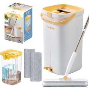 Mop and Bucket Set with Pump System for Home, Hands Free Self Cleaning with 3 Compartments to Separate Clean from Dirty Water, with 2 Machine Washable Microfiber Mop Pads, Patent Pending, in Gift Box (Lemon)