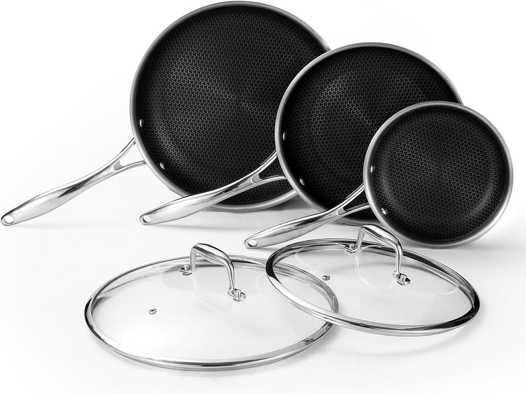 DELUXE Hybrid Nonstick Fry Pan Set 5-Piece, 8, 10 and 12-Inch Frying Pan Cookware Set with Glass Lids, Skillet with Stay-Cool Handles, Dishwasher&Oven Safe, PFOA Free Compatible with All Cooktops