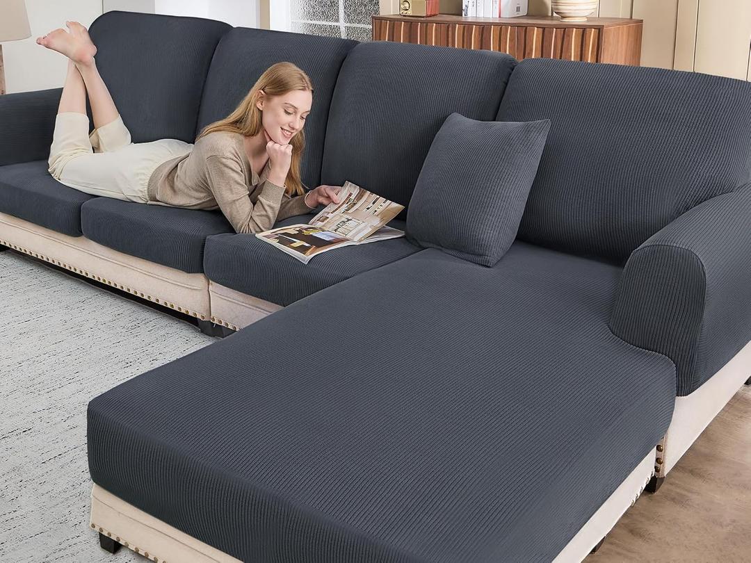 Sectional Couch Covers for Sofa Cushion L Shaped Couch Cover Washable Soft Couch Cushion Covers Stretch Sofa Slipcovers with 2 Pcs Pillowcases(3-Piece 2 Seater + 1 Chaise, Dark Grey)
