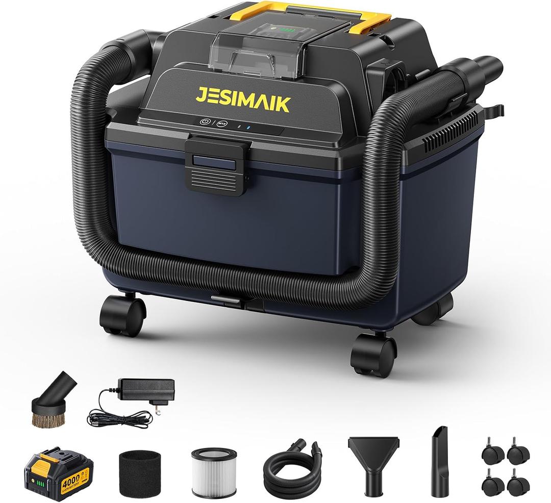 JESIMAIK Cordless Shop Vac, 18.5KPa Brushless Wet Dry Vacuum Cleaner with 2x4.0Ah Batteries, 4.2 Gallon Large Tank, 3-in-1 Suction, Portable Shop Vaccum for Workshop, Garage, Car