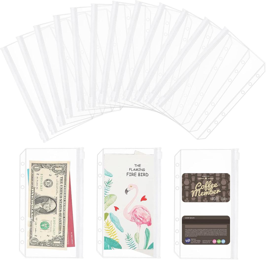 60pcs Transparent A6 Binder Pockets 6 Holes Zipper Folders PVC Card Loose Leaf Bags Cash Envelopes for Budgeting Binder Waterproof Filing Bags for 6 Ring Notebook Planner Inserts