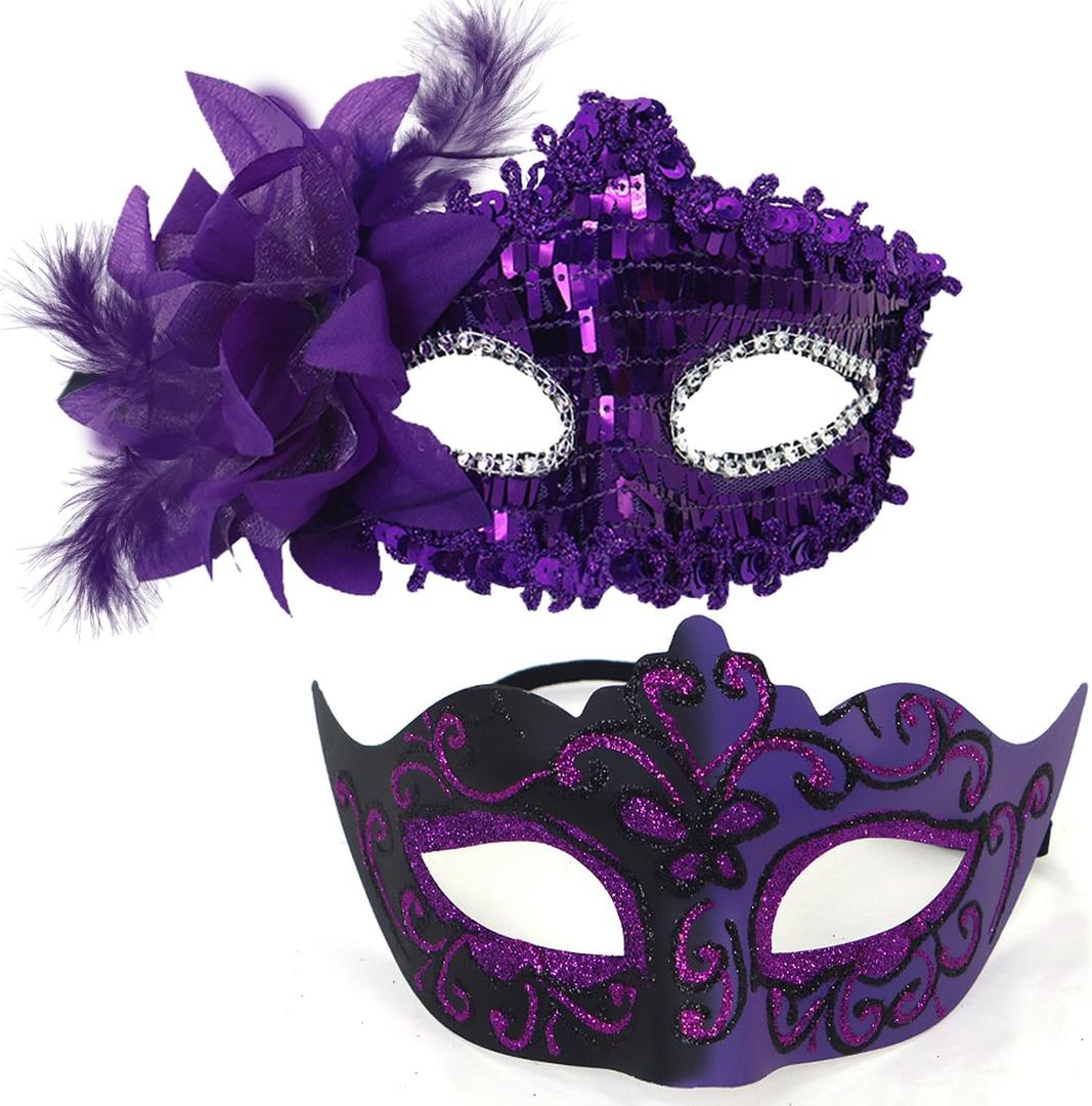 MYMENU Masquerade Mask for Women Couple Masquerade Mask for Men Shiny Venetian Mask Halloween Mask for Party Prom (Purple Couple Set)