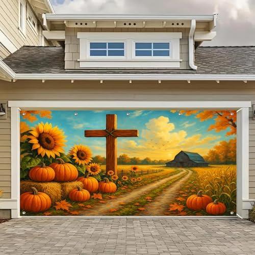 BlissYard Thanksgiving Garage Door Cover Fall Garage Door Banner Pumpkin Garage Door Decorations Autumn Garage Mural 13x6ft Cross Harvest Sunflower Barn Backdrop for Outdoor Fall Porch Decor