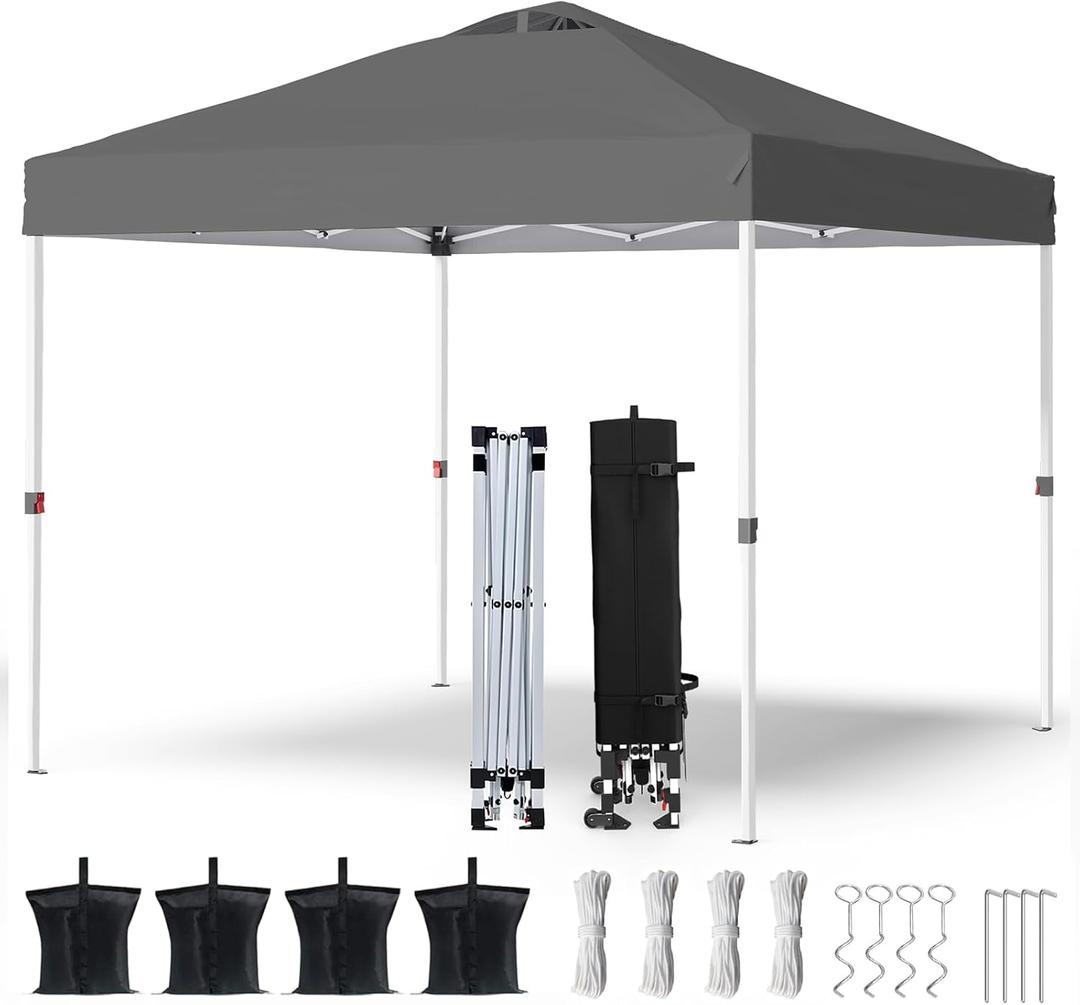 PHONWHON Shades 10x10 Pop Up Canopy with One Push Setup,Heavy Duty Beach Tent with Wheels for Easy Moving, Sun Shelter for Parties,Events, Outdoor Gazebo with 420D Coated Waterproof Grey Fabric