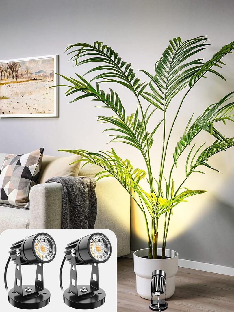 LED Spot Lights Indoor Spotlight Lamp 3W Up Lights Indoor Accent Lighting for Plants 120V Warm White Uplighting Decor US 2-Plug 6 FT Cord with Floor Foot Switch (2 Pack with Base and Stake)