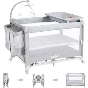 Baby Bassinet Bedside Crib, Pack and Play with Mattress, Diaper Changer, One-Push Setup Playards from Infants to Toddlers (Grey) 
