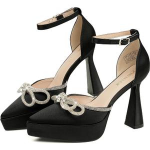 JENN ARDOR Closed Toe Heels Platform Pumps with Rhinestone Bow, Ankle Strap Womens Dress Shoes (6, Black - Super Soft Silk)