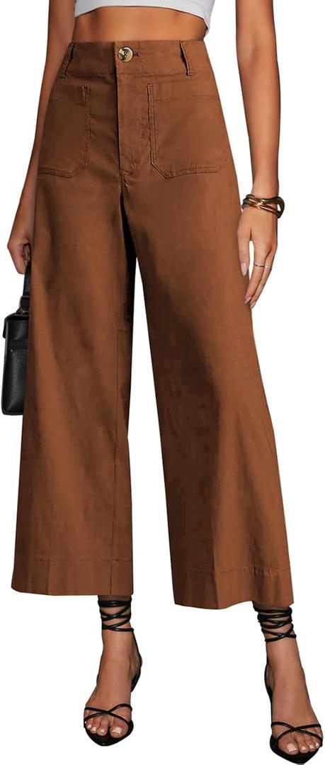 miduo Womens High Waisted Cropped Wide Leg Stretchy Straight Pants Trousers with Pockets (30, Brown)