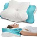 Cervical Pillow for Neck & Shoulder Pain Relief Sleeping - Ergonomic Contour Pillows - Memory Foam Pillow for Side, Back & Stomach Sleepers (Queen Size 25.5"Lx15.5"Wx5.5"H, White Blue)