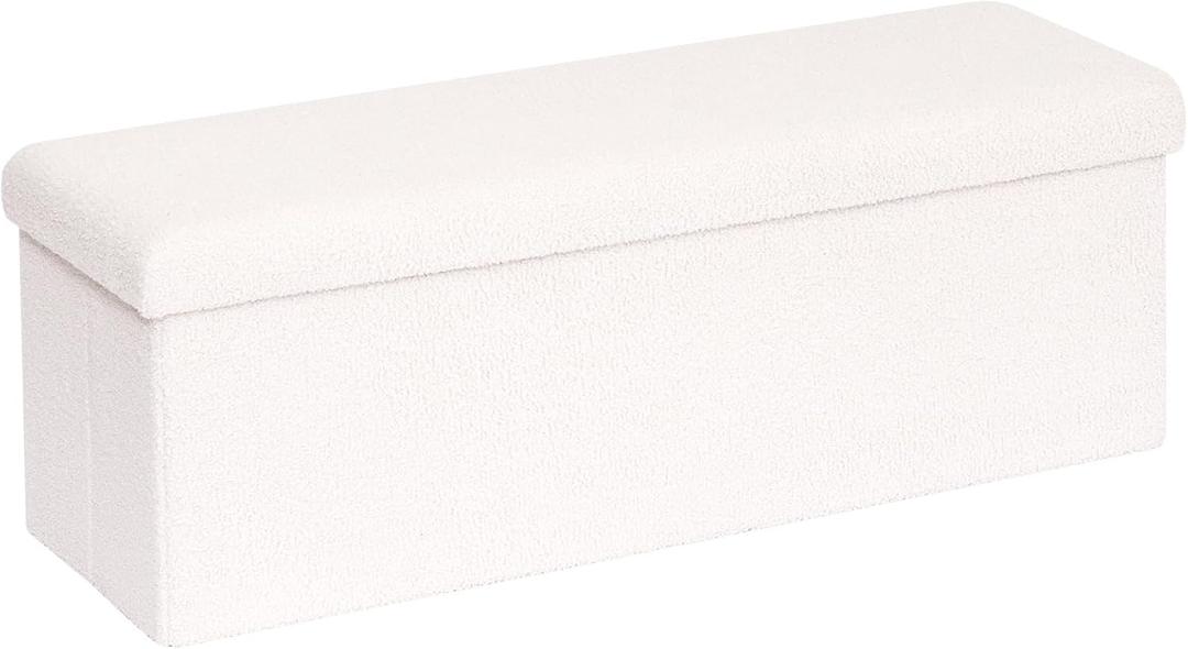 PINPLUS Folding Storage Ottoman Bench, Upholstered Sherpa Ottoman, Large Storage Chest Footrest Footstool with Lids, Entryway Bench for Living Room Bedroom, White, 43.3'' x 15'' x 15''