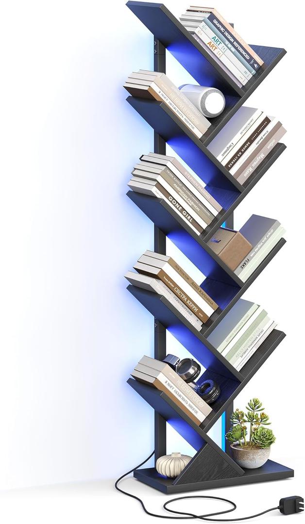 9 Tier Tree Bookshelf with LED Light, Floor Standing Bookcase, Narrow Bookshelves for Books/CDs/Magazine, Wood Storage Rack for Bedroom, Home Office, Living Room, Black