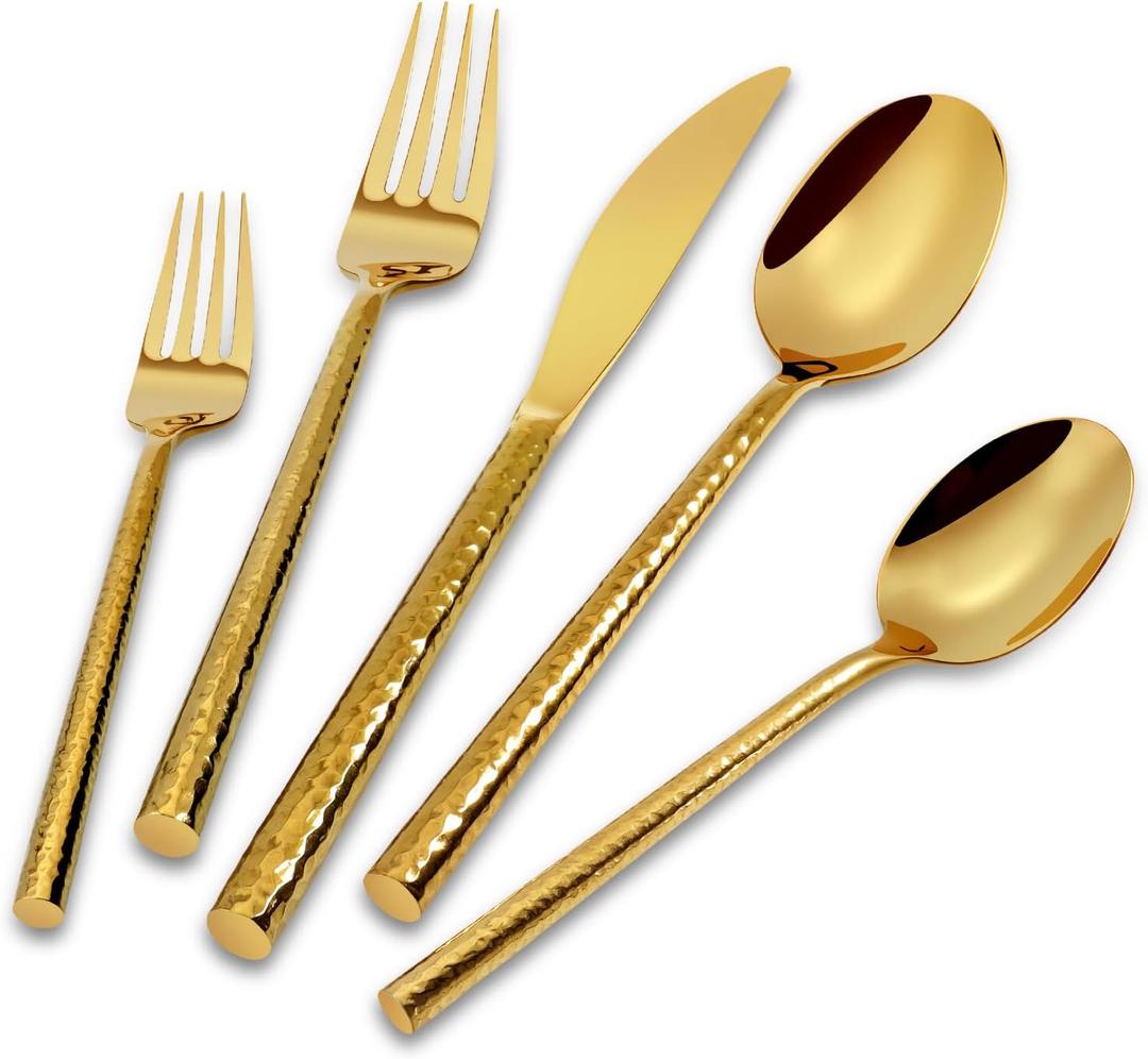 Gold Silverware 18/10 Stainless Steel 40-Piece Mirror Polishing Flatware Round Hammered Cutlery Set Service for 8