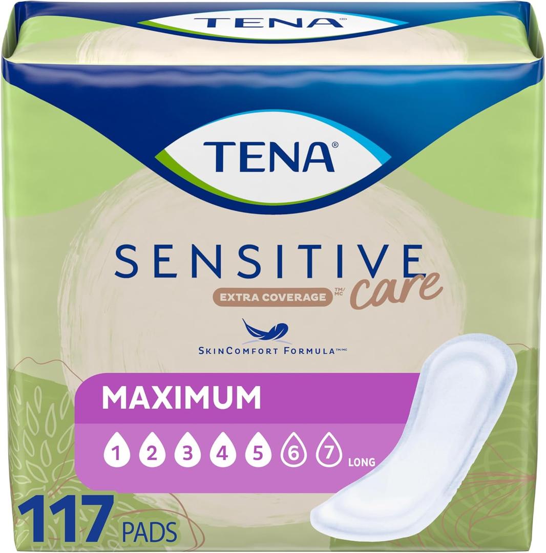 Tena Incontinence Pads, Bladder Control & Postpartum for Women, Maximum Absorbency, Long, Sensitive Care - 117 Count