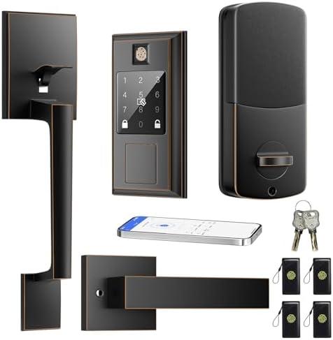 YYTDZSW Smart Front Door Lock Set, Keyless Entry Door Lock with Handle Set, Fingerprint Deadbolt Smart Locks for Front Door, App Control, Touchscreen Keypad, Oil Rubbed Bronze, Black